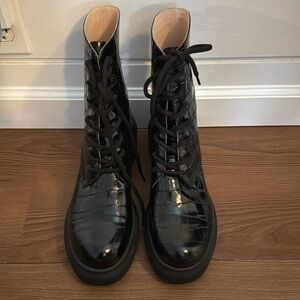 Stuart Weitzman Black Leather Crocodile Platform Boot